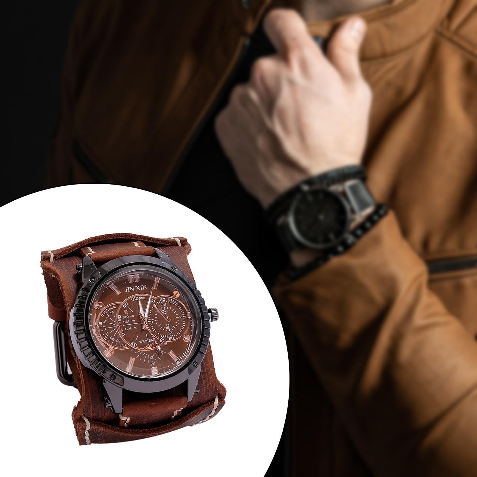 Orologio Da Uomo con Cinturino in Pelle, Bracciale Rotondo, Stile Retrò, Leggero, Ideale per Lavoro, Shopping, Compleanni, Spostamenti Quotidiani