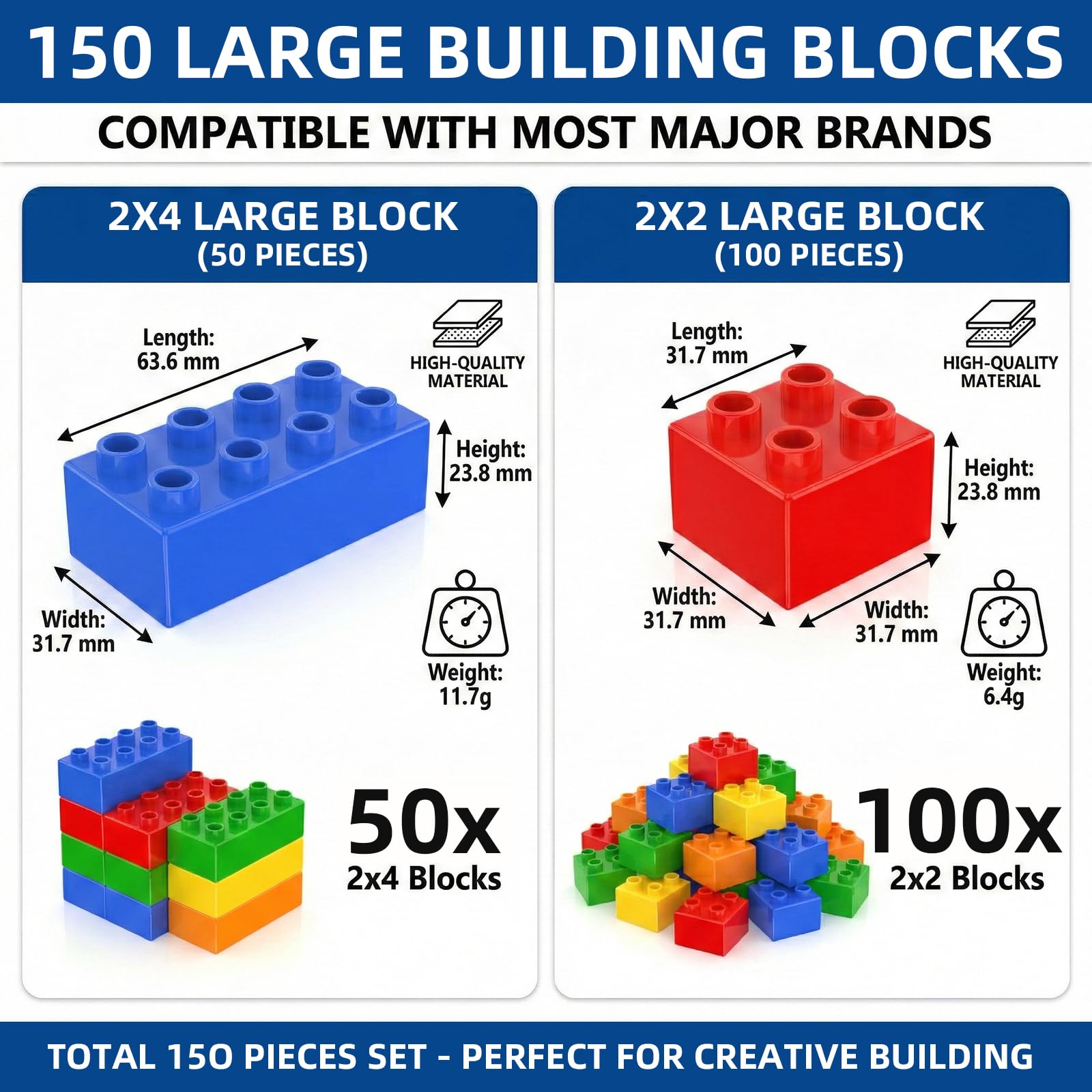 WYSWYG - Set 150 Mattoncini Costruzione Grandi, 5 Colori, Compatibili, Per Bambini 1-5 Anni, In Sacchetto