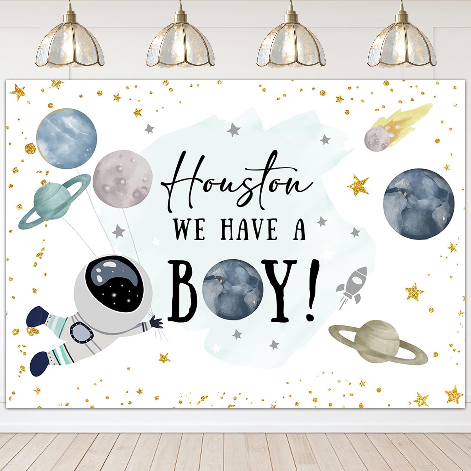 Mocsicka Outer Space Baby Shower Backdrop Galaxy Blue Planets It's a Boy Background Houston Astronaut Baby Shower Party Cake Table Decoration Photo