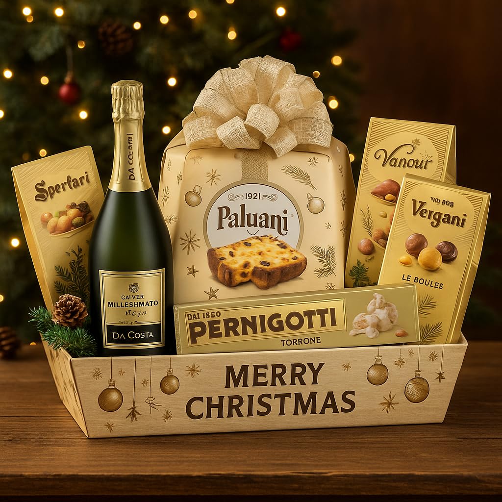 Cesto Natalizio Vassoio Merry Christmas con Dolci Tipici, Cioccolato, Torrone e Spumante Dolce, Confezione Regalo Elegante e Raffinata per Natale, Idea Regalo Gourmet per Famiglie o Aziende