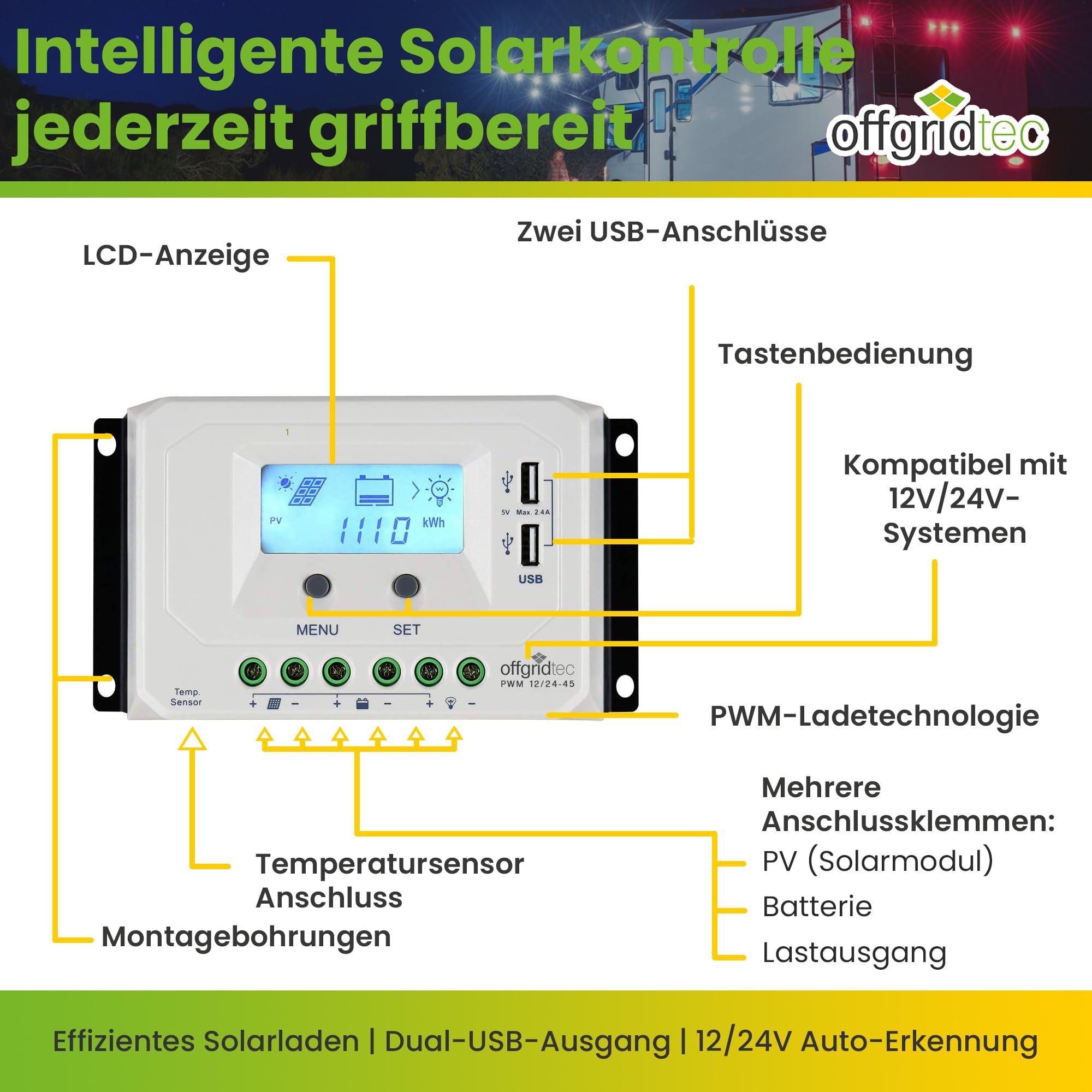 Offgridtec® PWM Pro Laderegler 12V/24V 45A USB