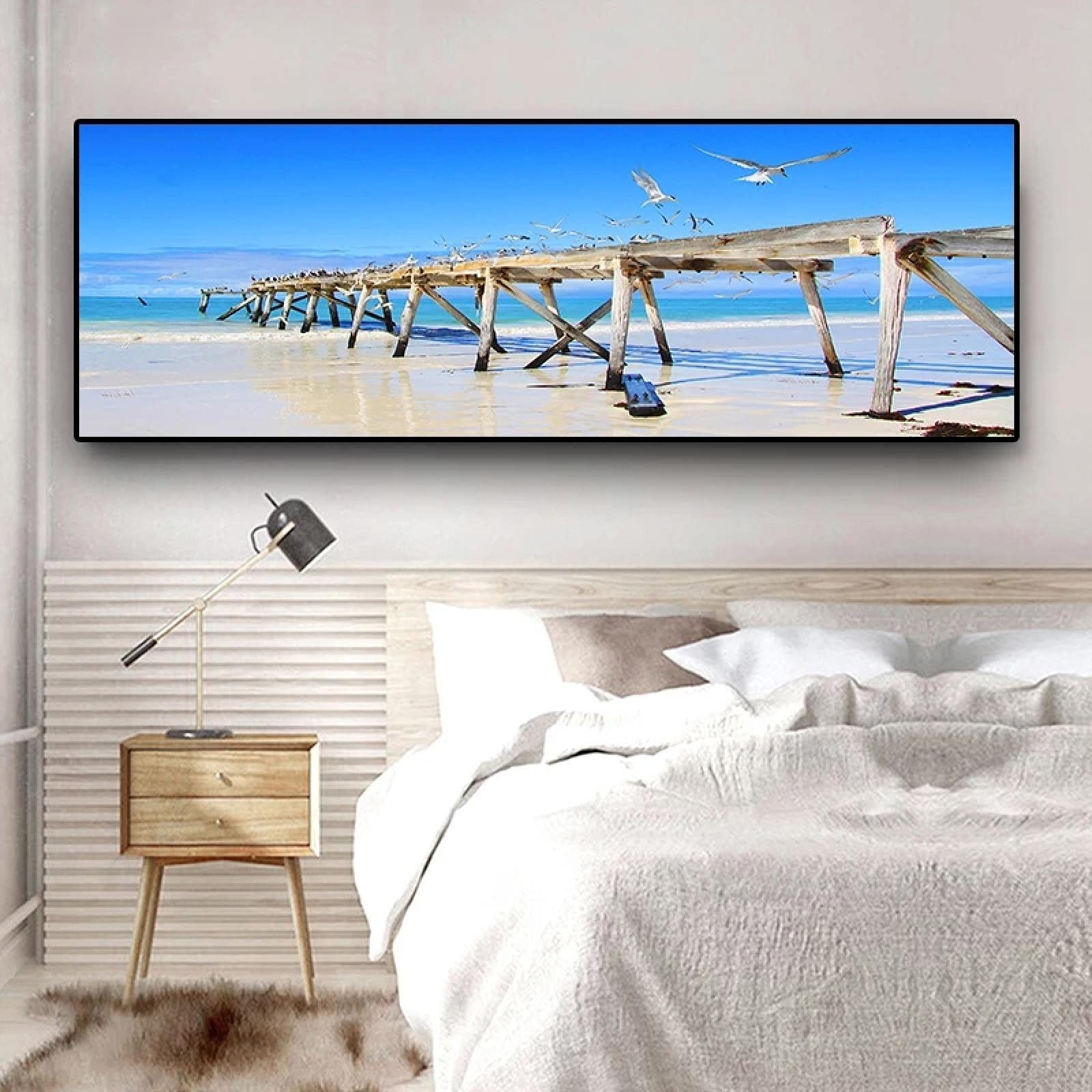 dsdsgog Natura Oceano Onde del Mare Uccello Marino Cielo Nuvole Panorama Paesaggio Tela Pittura Poster e Stampa Wall Art Picture Home Decor 40x120cm Frameless