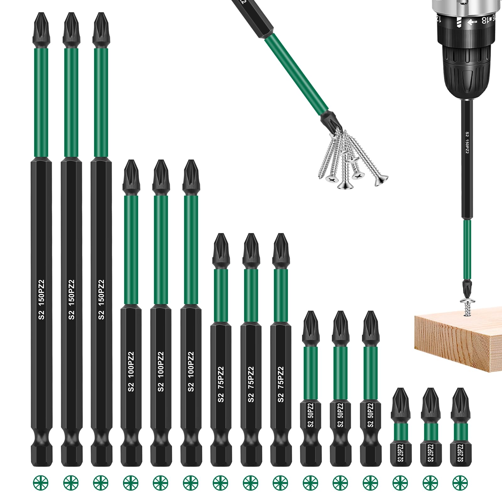 Magnetic Impact Driver Bits, 15Pcs PZ2 Screwdriver Impact Bit 150mm 100mm 75mm 50mm 25mm for Pozi Pozidriv Heavy Duty