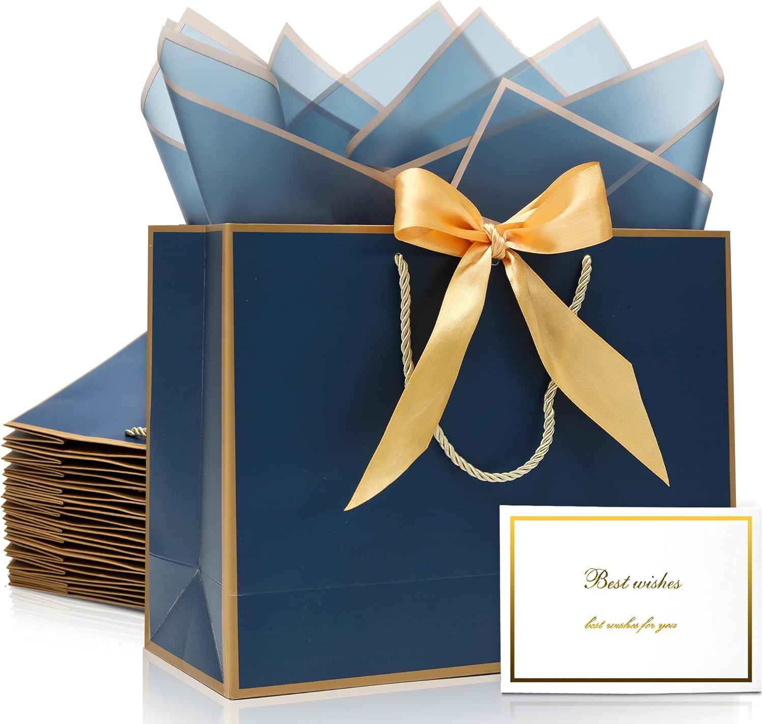 KeerxunBag Navy Blue Gift Bag 12-piece Set - High-end men's gift bag, including tissues, thank-you cards and golden bow ribbons, medium size, perfect Father's Day and birthday company gift