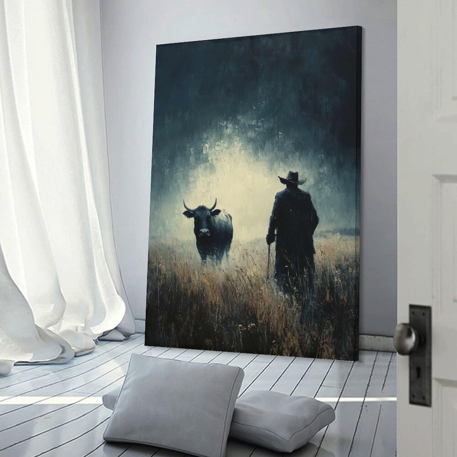 Junmoney Frame-Style-12 Lone Figure And Bull Wall Art Print, 24X36inch(60X90cm), For Living Room, Bedroom, Office Or Hallway, A Flexible Wall Accent For Shared Spaces