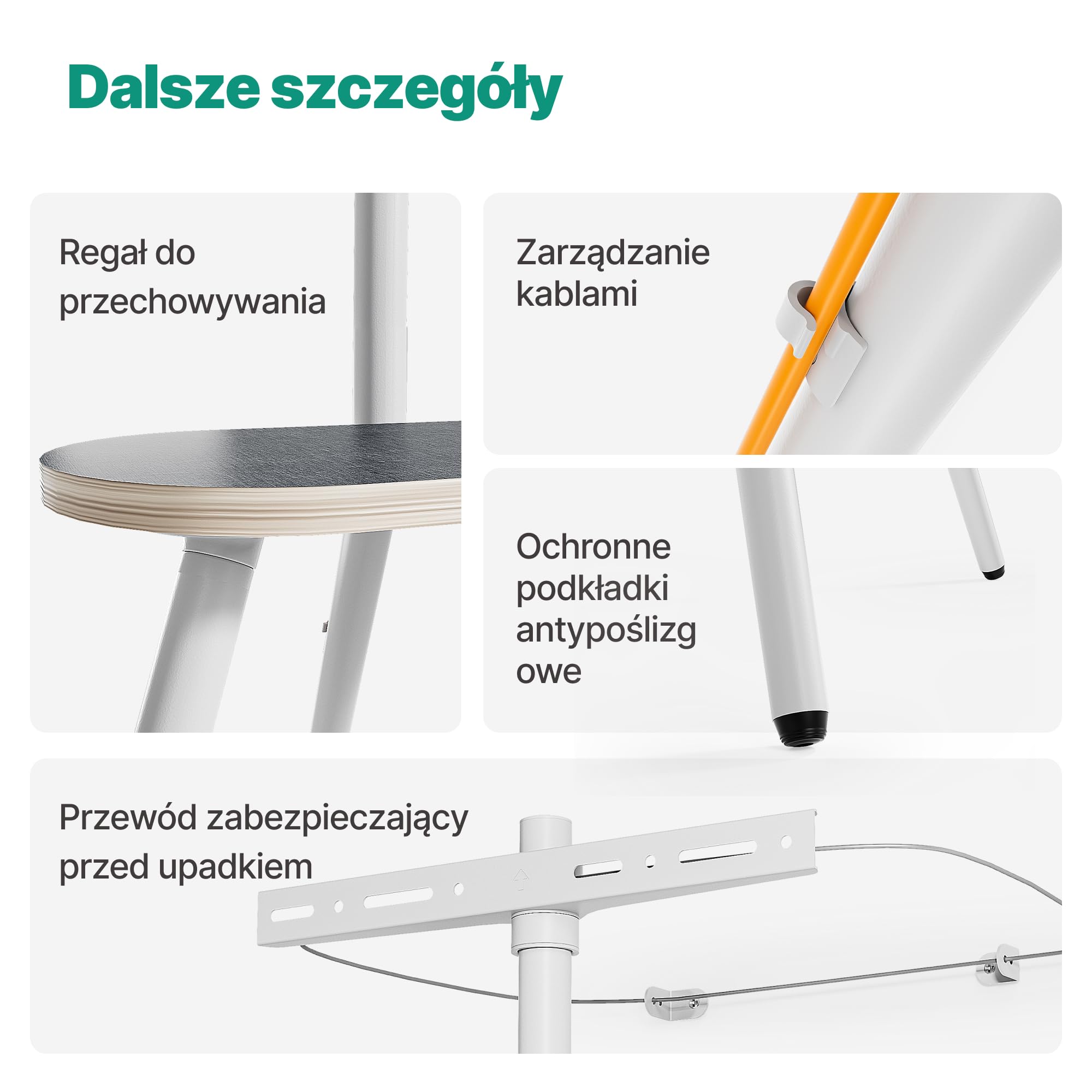Stojak pod telewizor typu sztaluga (trójnóg), do ekranów 43–65 cali | przenośny, obrotowy i z regulacją wysokości, z drewnianą półką, udźwig do 35 kg; idealny do sypialni i salonu, Biały
