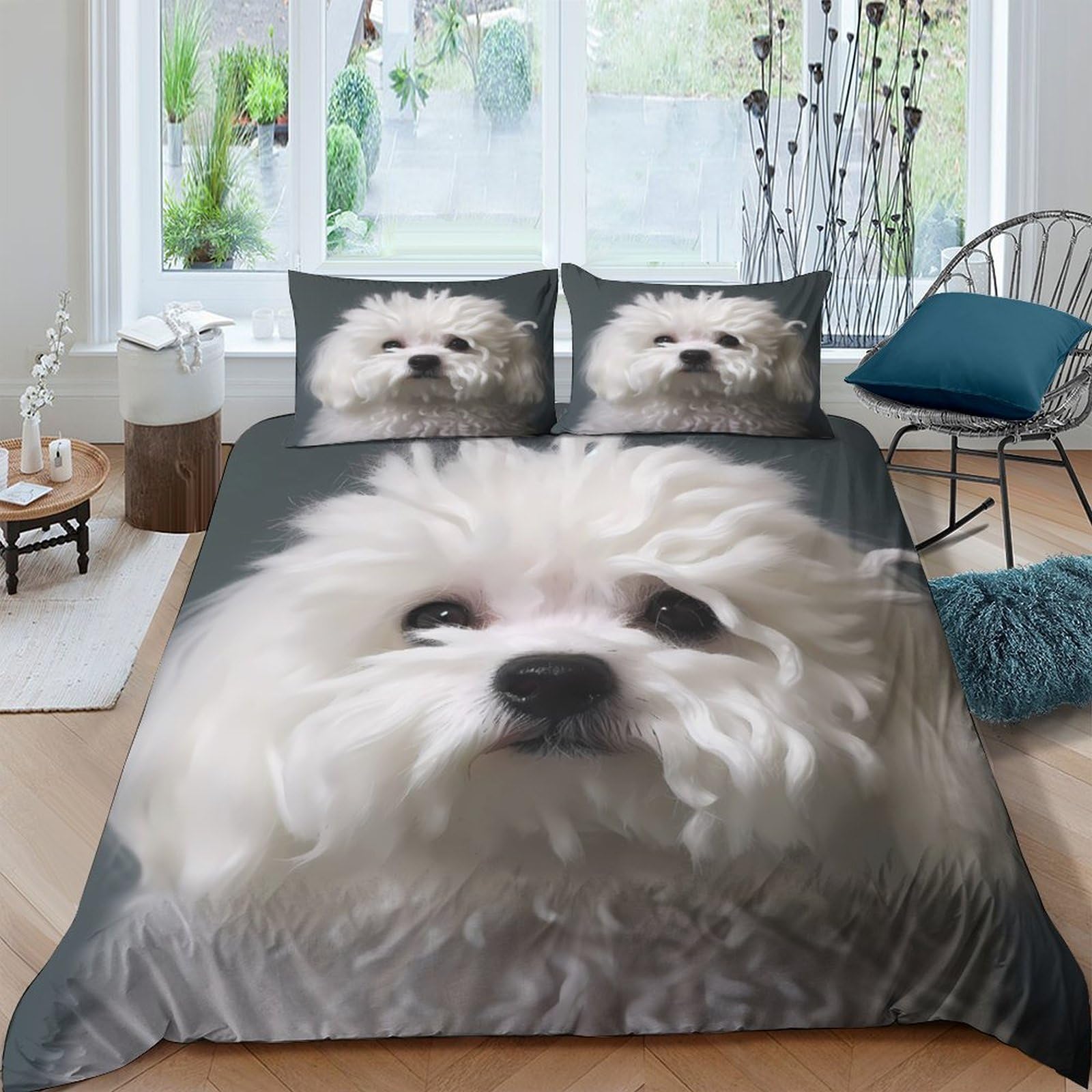 Ctjqhvkz Style-1 3D Printed Fluffy White Dog Fitted Sheet Microfiber Soft Breathable Cute Puppy Bed Cover For Bedroom Guestroom Decor Single（135X200cm）