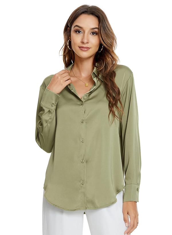 Atnlewhi Womens Long Sleeve Button Down Satin Silk Shirts Casual Business Office Blouse Tops Army Green by Atnlewhi - Used condition - Image 9