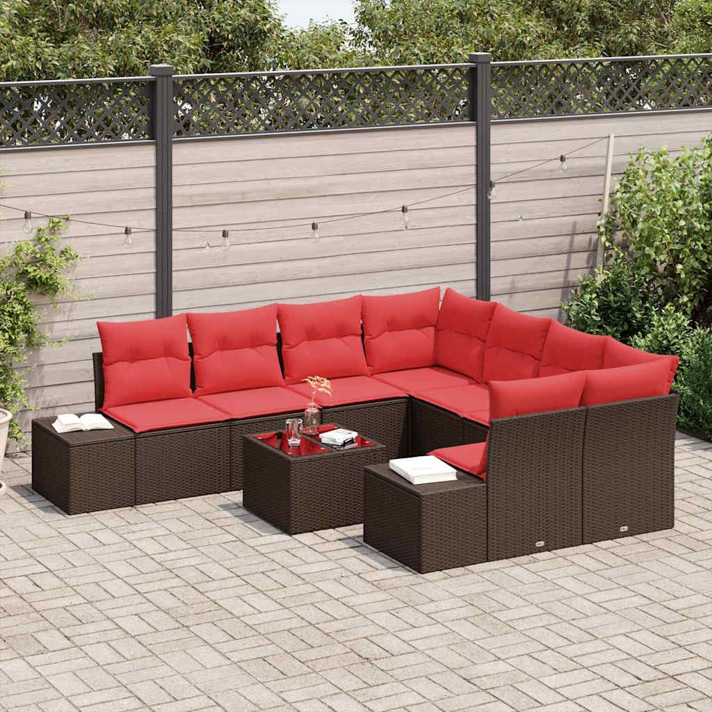 Ensemble de Canapé de Jardin 9 Pièces en Polyrotin Marron, Salon de Jardin Modulable avec Table en Verre Trempé et Coussins, Mobilier d'Extérieur pour 8 Personnes sur Terrasse