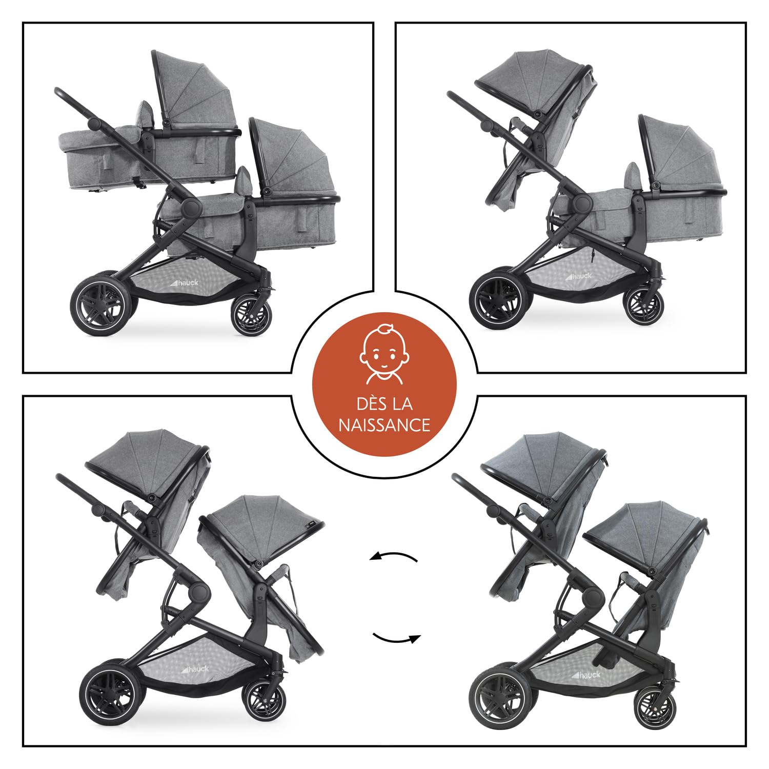 hauck Atlantic Twin Poussette Double – Dès la Naissance jusqu’à 15 kg par Enfant – 2 Nacelles Convertibles en Sièges Inclinables – Pliable – Hauteur Réglable – Roues en Caoutchouc, Gris Chiné