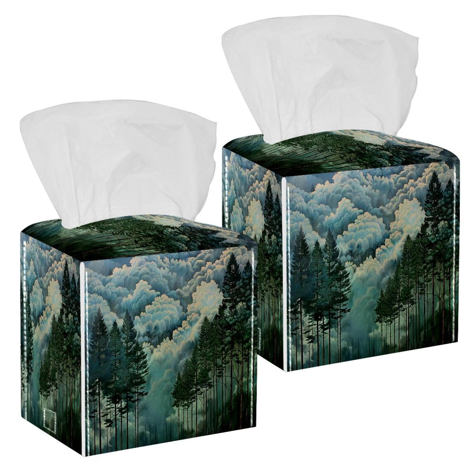 Cloud Pine Forest Tissue Box Cover, 2 Pack PU Leather Square Facial Tissue Dispenser Box holder for Home Office Car