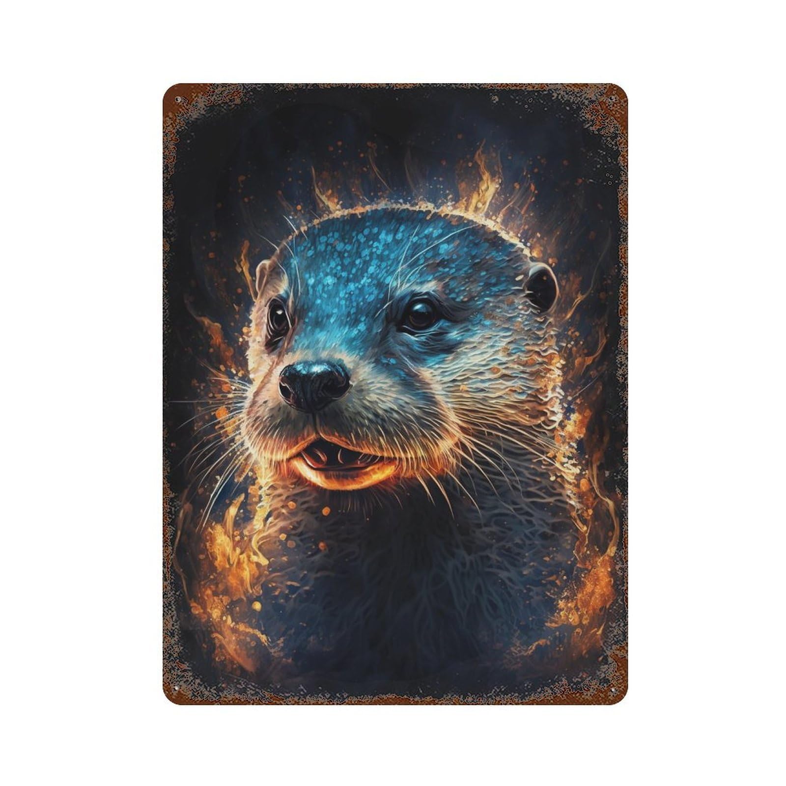 Vintage Rust Metal Sign Flaming Otter Artwork 15.7"x11.8", Old School Wall Decor for Garage, Bar And Workshop Decor