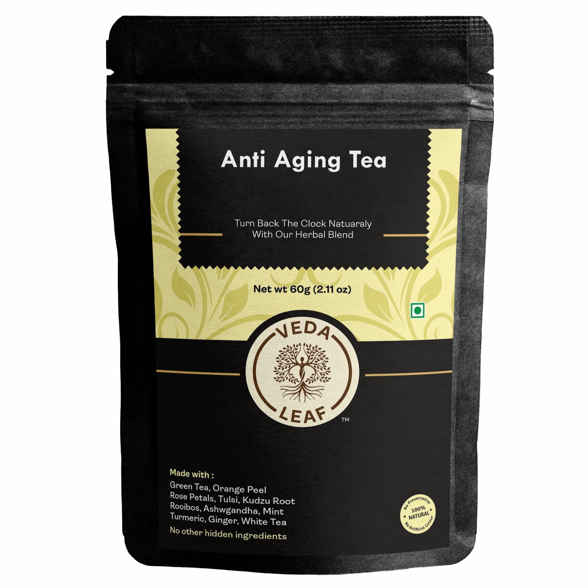 Veda Leaf Anti Ageing Tea 60g - Unisex Anti Aging for Skin Tightening and Glowing Radiant Skin | Reduce Wrinkles | 100% Natural Anti Aging Green Tea | Help In Moisturized Skin, Acne, Premature Ageing