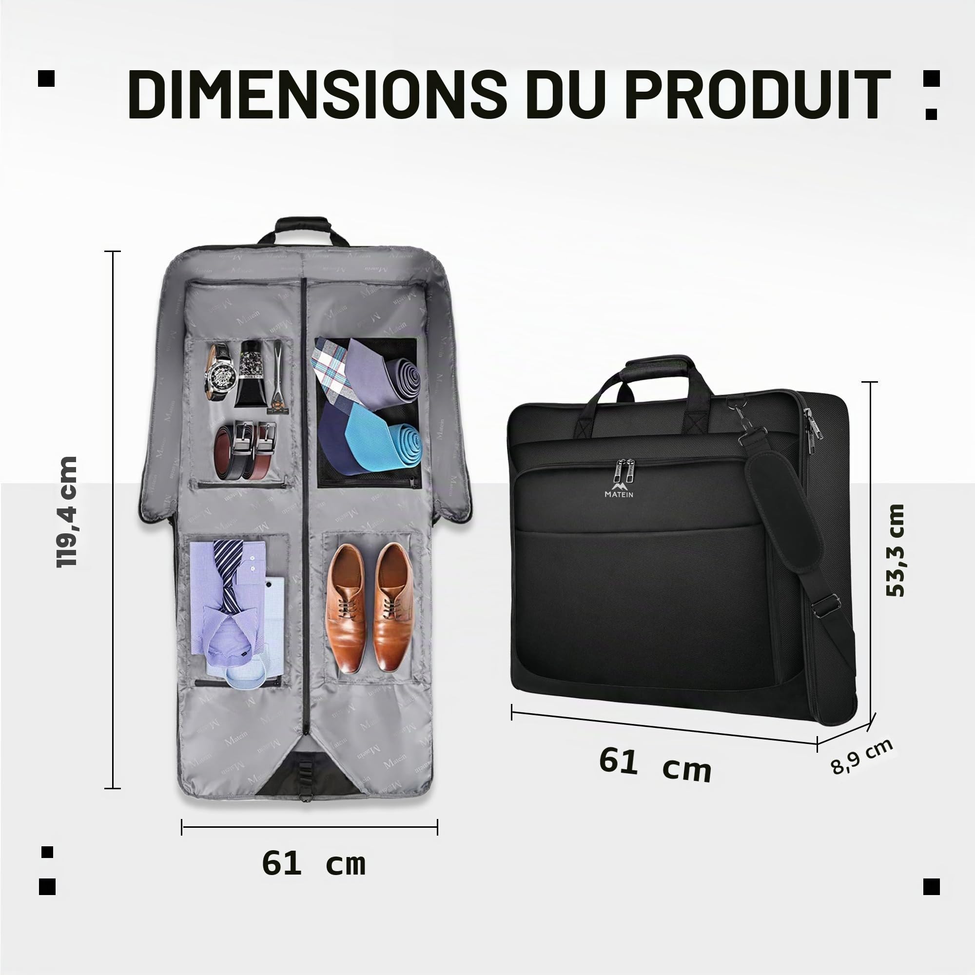 MATEIN Housse Sac à Vêtements de Voyage, Garment Bag avec Sangles Hommes Femmes Imperméable et Anti-Ride, Sac à Vêtements Accrochant pour Voyages d'Affaires Pour 3 costumes, Robes, Manteaux, Noir