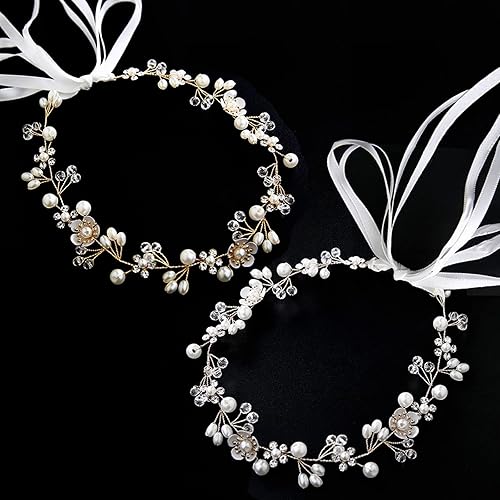 DonLeeving Paquete de 2 accesorios para el cabello de boda para niñas, diadema de flores para niña, diadema de flores blancas, diadema de perlas