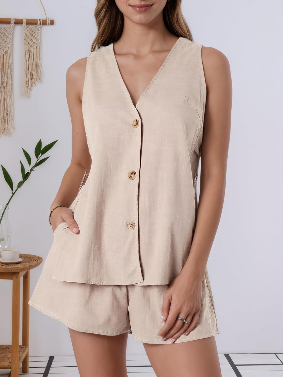 Kedera Women's Summer 2 Piece Outfits Sleeveless Matching Sets Button Down V Neck Vest Waistcoat and Pockets Shorts