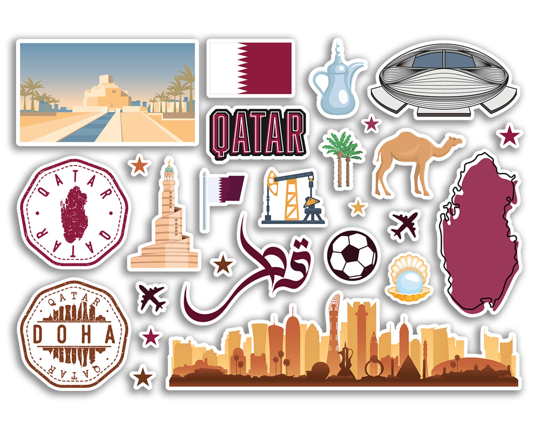 Dv Design Multi A5 Sticker Sheet Qatar Landmarks Vinyl Stickers - Country Airport Stamps Skyline Flag Travel Holiday Scrapbooking City Luggage #79117