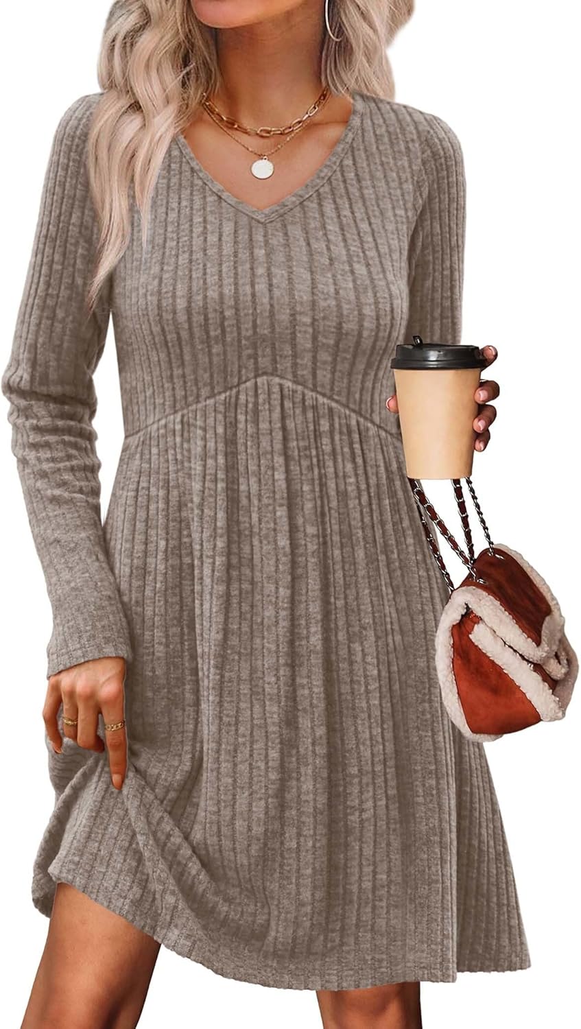 OFEEFAN Long Sleeve Sweater Dress Fall Dresses 2025 V Neck Empire Waist Baby Doll Dresses Women Casual Dress with Pockets