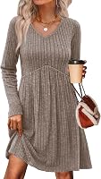 OFEFAN Women's Long Sleeve V-Neck Empire Waist Baby Doll Sweater Dress with Pockets - Fall 2025 Casual Fit S-2XL