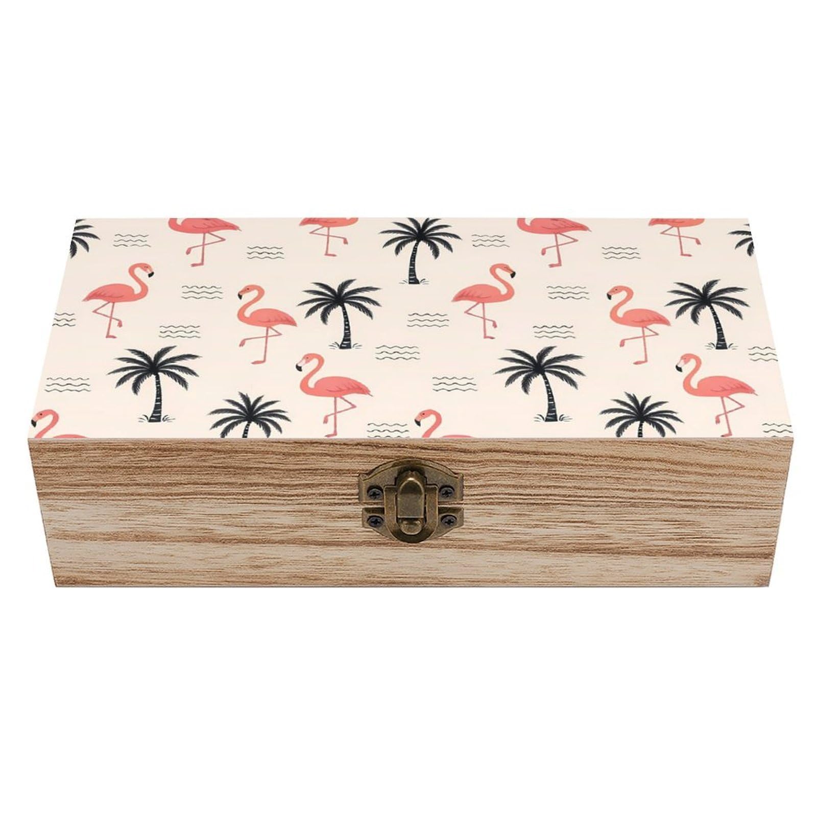 SMAZDFXX Lovely Pink Flamingo Palm Tree Wooden Storage Box With Hinged Lid Decorative Front Clasp Keepsake Boxes