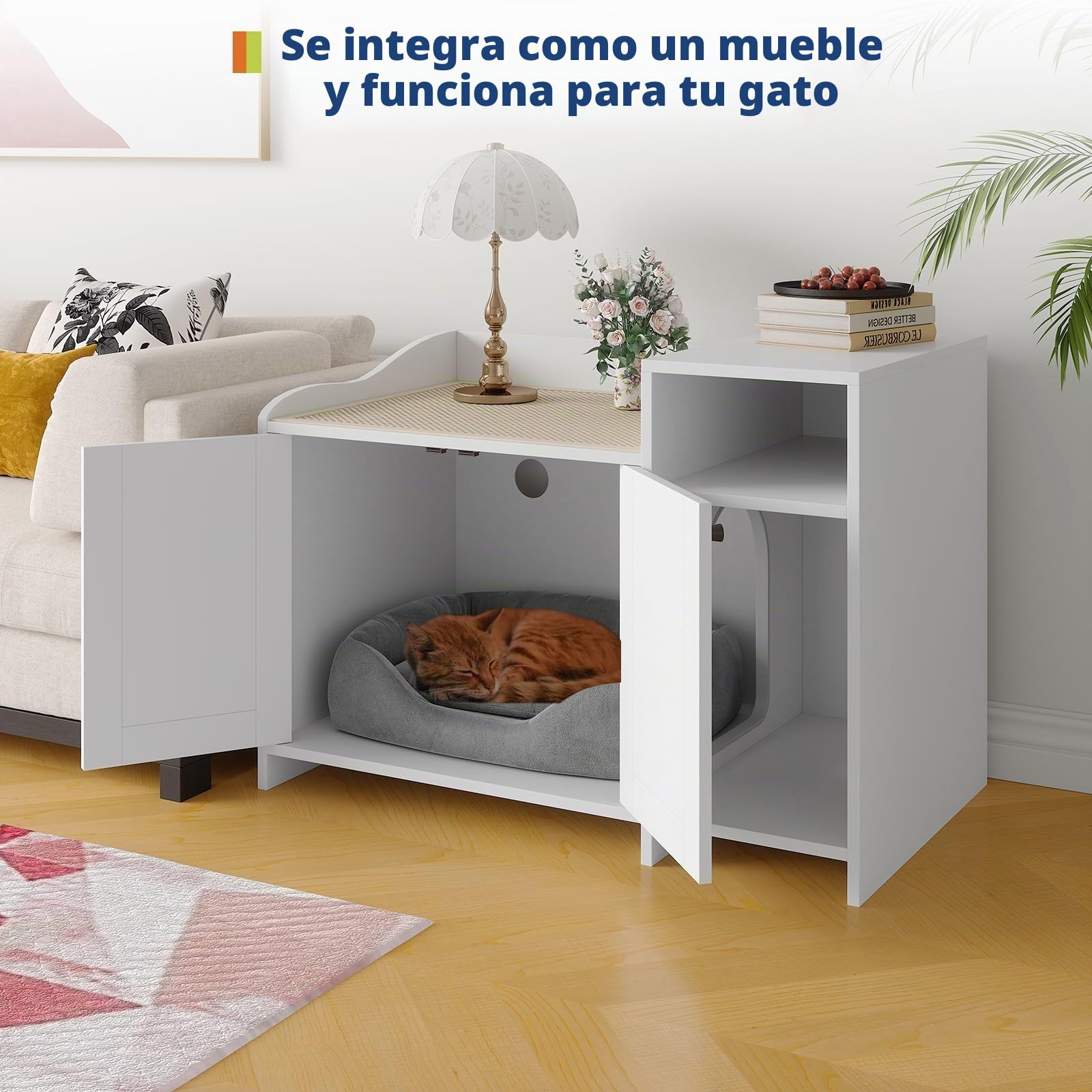 Mueble Ocultador De Arenero Gato – Aislante De Olores – Diseñado para Areneros Abiertos – Mesa Auxiliar De Madera con Estantería – para Gatos Grandes y Compatible con La Mayoría De Areneros