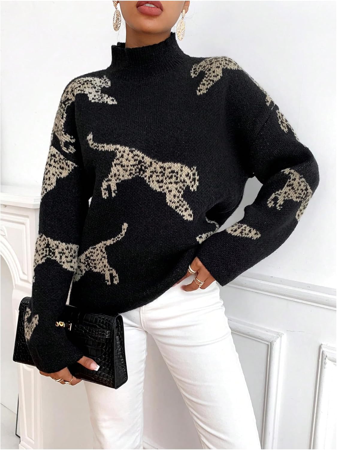 WDIRARA Women's Leopard Tiger Print Sweater High Neck Long Sleeve Fuzzy Knitted Pullover Top - Image 4