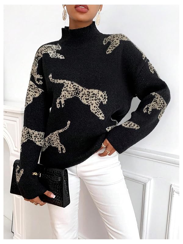 WDIRARA Women's Leopard Tiger Print Sweater High Neck Long Sleeve Fuzzy Knitted Pullover Top Black X-Large by WDIRARA - Used condition - Image 3