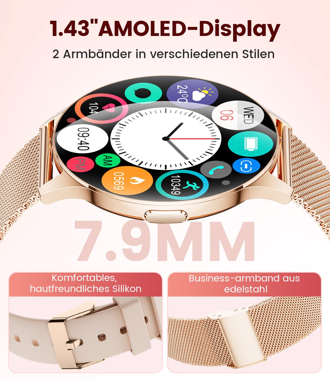 Smartwatch Damen 2026 mit Anrufen - 7,99 mm Ultra-Dünne Elegante Fitness Armbanduhr mit 1,43 Zoll HD Always-On Display, IP68 Wasserdicht, 100+ Sportmodi, Frauengesundheit für iOS Android, Roségold