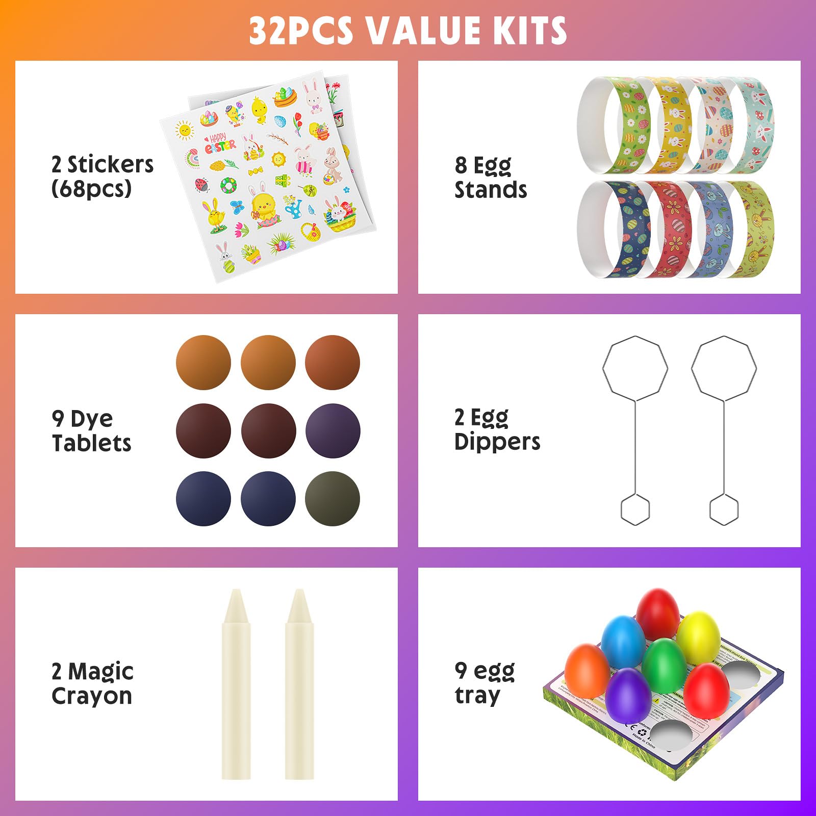 Easter Egg Decorating Kit with Food Coloring Dye Tablets, 68 Stickers, Magic Crayons & Egg Stands | DIY Easter Crafts Non-Toxic Edible Dye for Easter Party Supplies