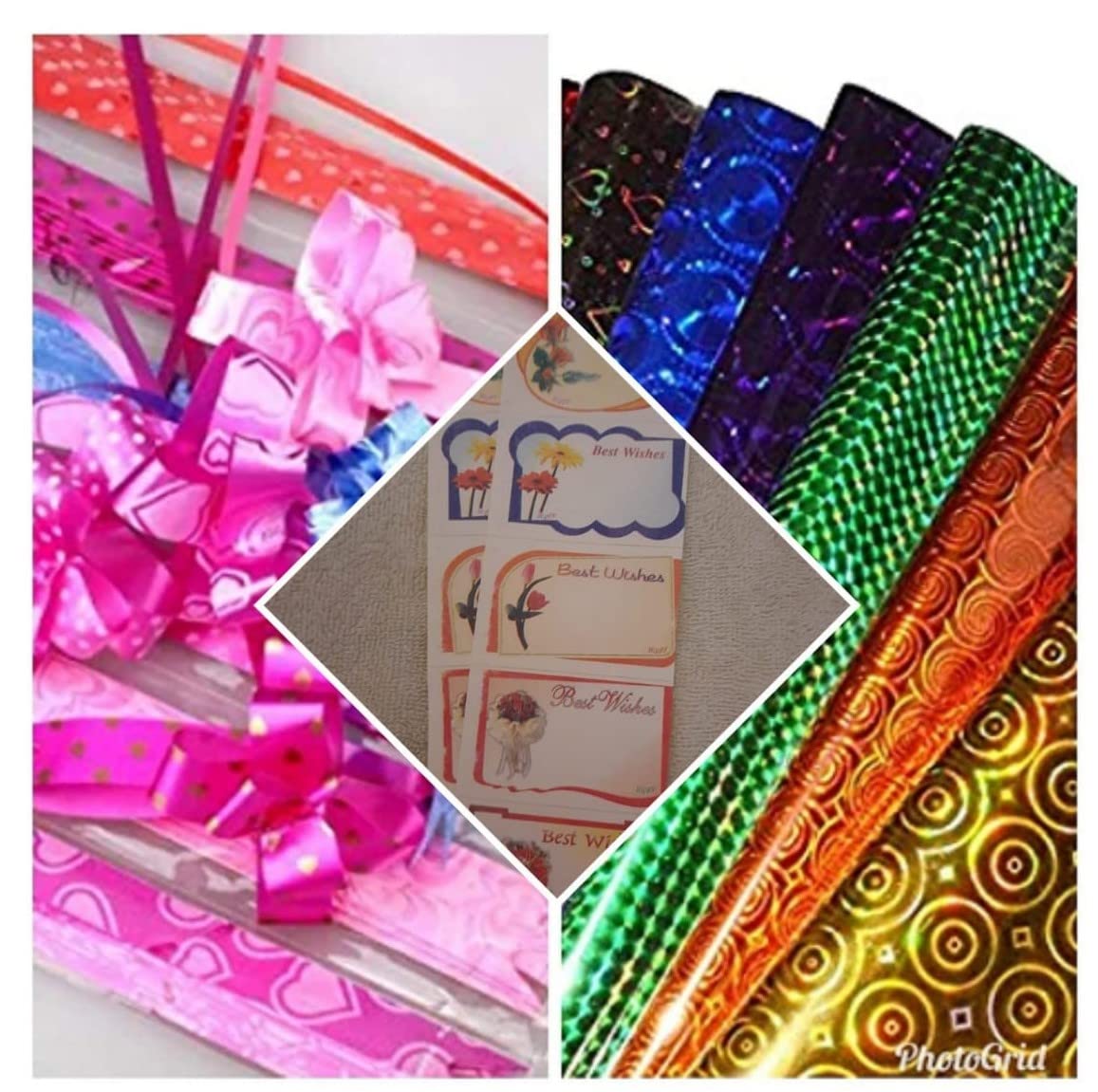 Sejas Collections Glossy Plastic Gift Wrappers, Wrapping Paper with 20 Ribbon Flowers and 20 Best Wishes Stickers All in One Pack Holographic Metallic Plastic Gift Wrapper (Multicolor)