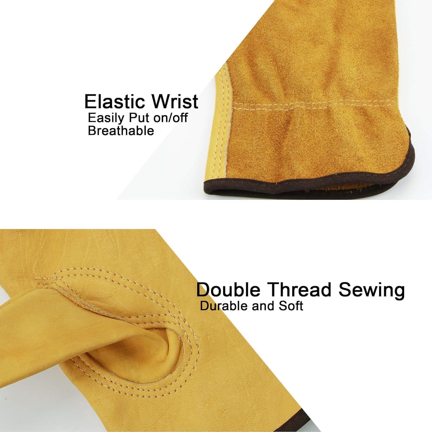 OZERO Leather Work Gloves for Men & Women, 3 Pairs Genuine Cowhide Garden Gloves, Lab Tested EN388 2143X, Flexible Grip, Breathable Unlined Comfort, Elastic Wrist (Gold, Large)