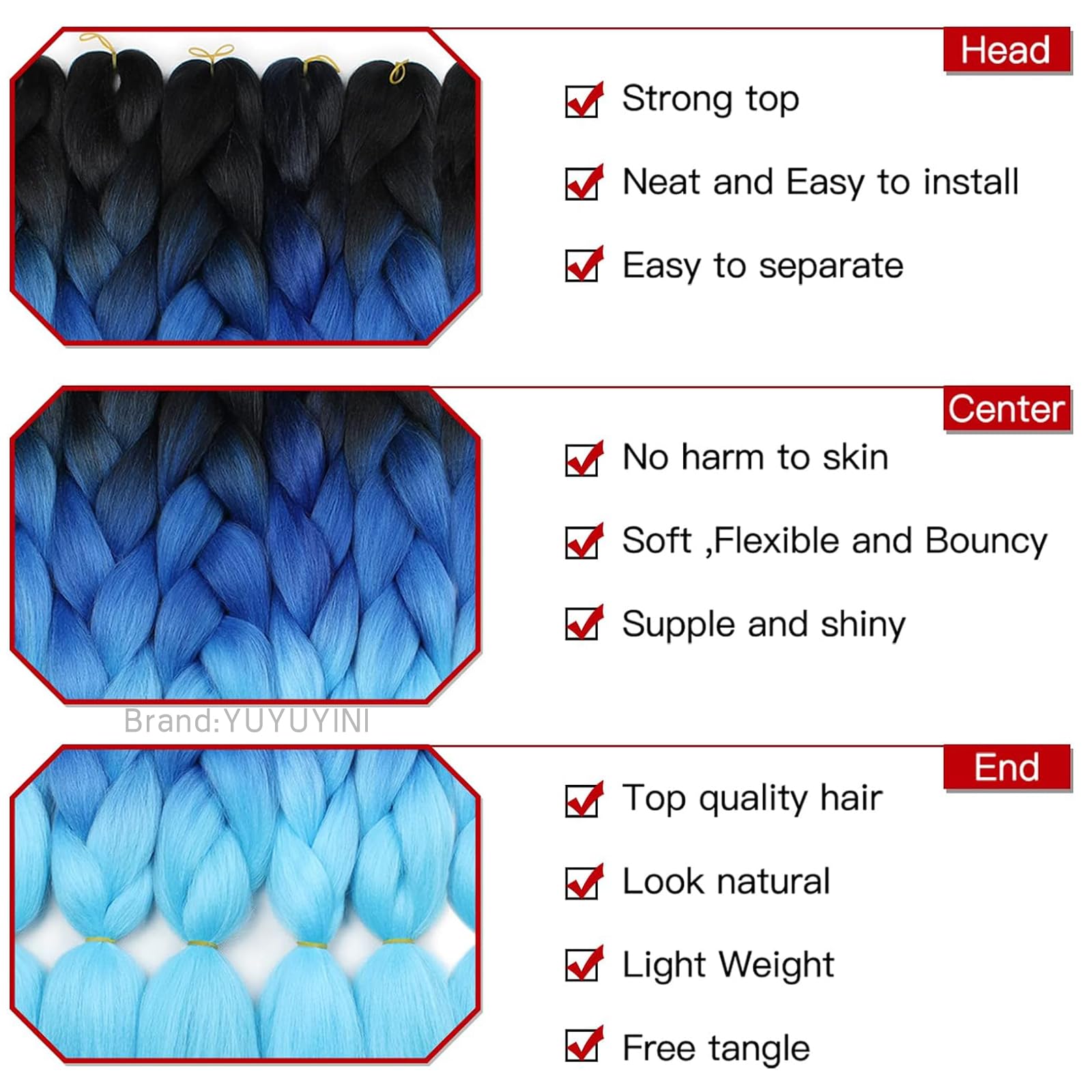 Confezione da 3 extension di capelli sintetici da 24 pollici colore blu sfumato 3 tonalità stile afro trecce da donna colore blu sfumato (C9)