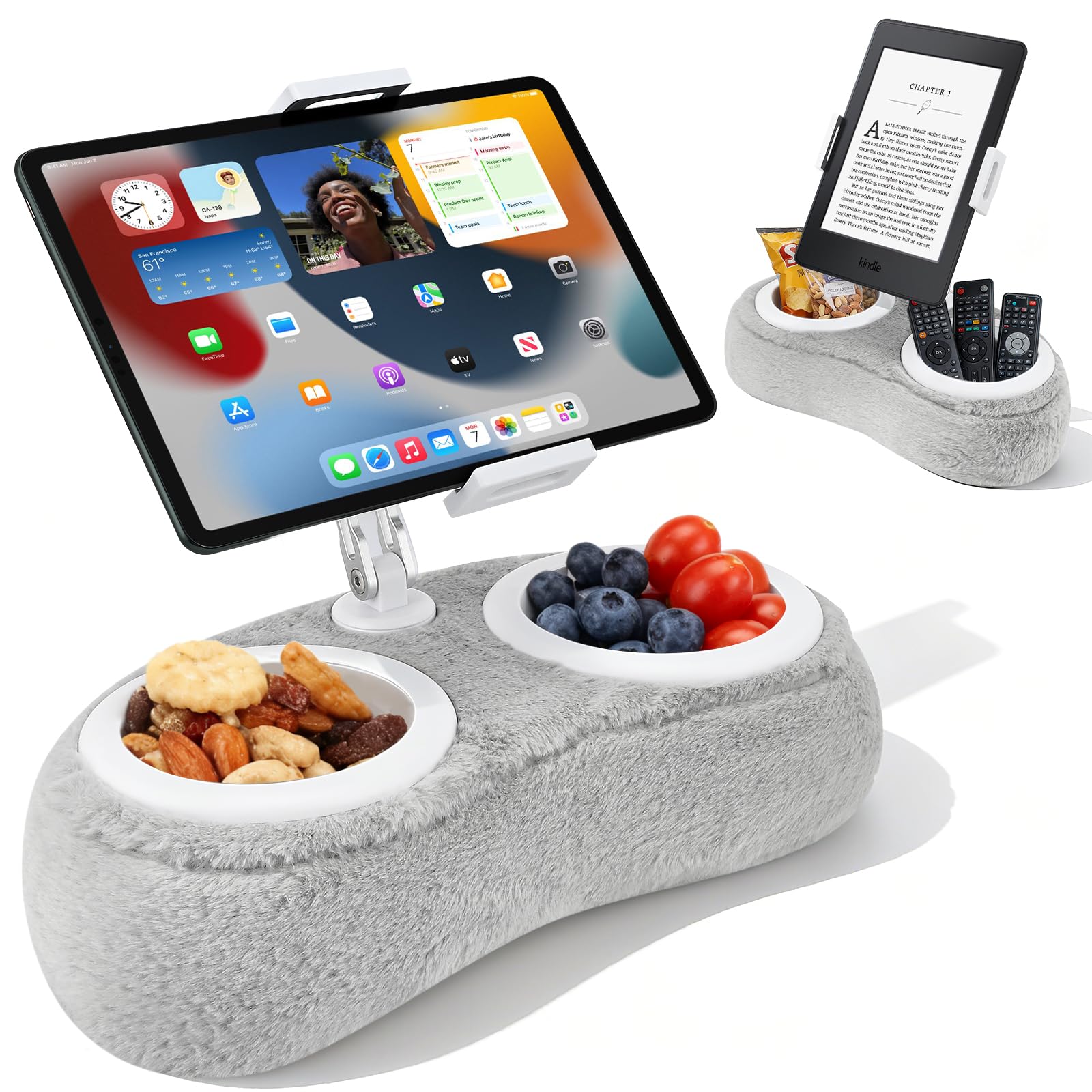 Supporto per tablet per tablet da 4 a 11 pollici, con 2 contenitori per snack, regolabile, pieghevole, accessorio per bambini, ideale per leggere a letto e guardare video