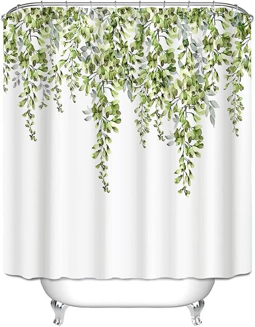 FENDECOR Green Eucalyptus Shower Curtain Sets,Green Leaves on The Top Plant with Floral Bathroom Decoration 72x72 Inch with Hooks