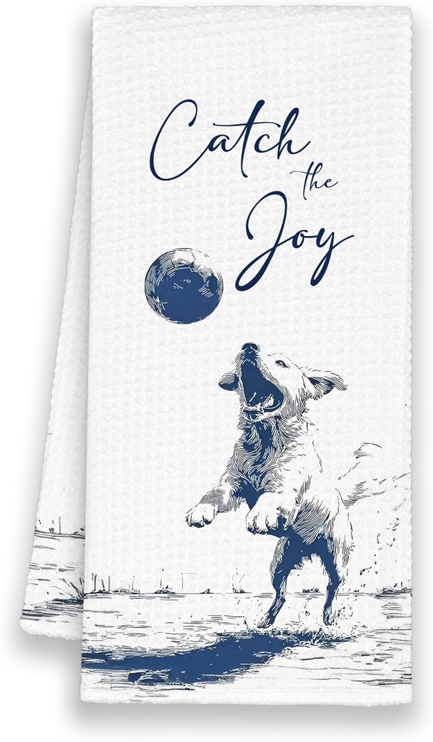 Funny Dog Kitchen Towels, Catch The Joy Ball Cute Hand Bathroom Towels Gifts for Dog Lovers, Blue Rustic Tea Dish Towel Decor for Cottage Dining Room 16x24in