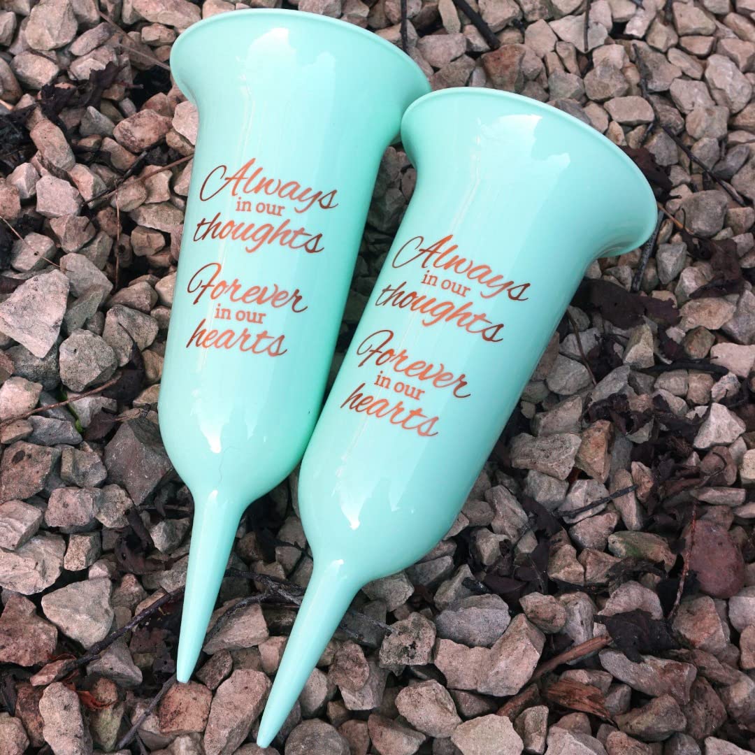 Angraves Mint Green Set Of 2 Forever In Our Hearts Fluted Spiked Memorial Grave Cemetery Flower Vases