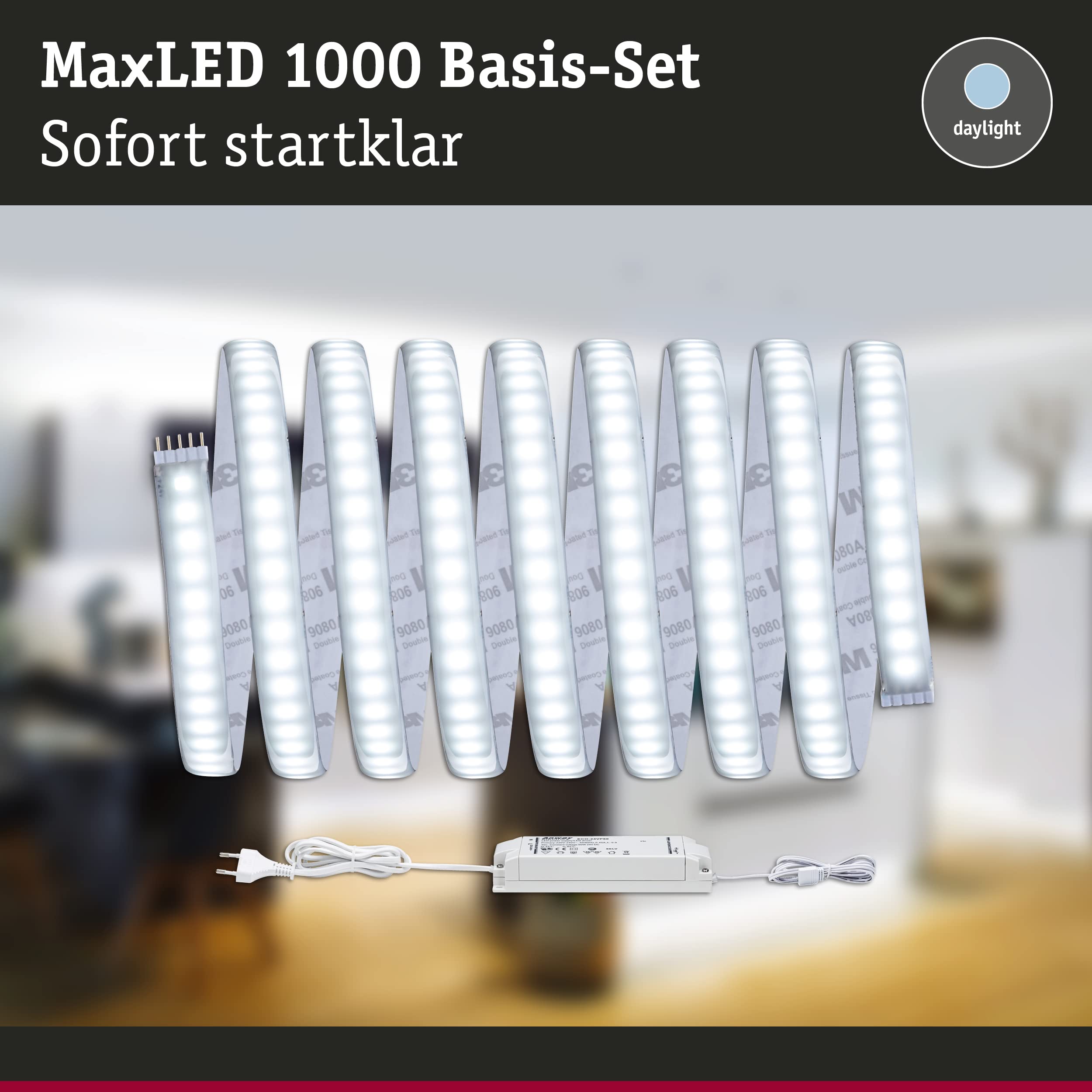 Paulmann 70669 Juego básico strip LED MaxLED 1000 3 m 6500 K blanco diurno strip LED con recubrimiento 34 W tira de luz 3300 lm 432 LED 230/24 V 60 VA