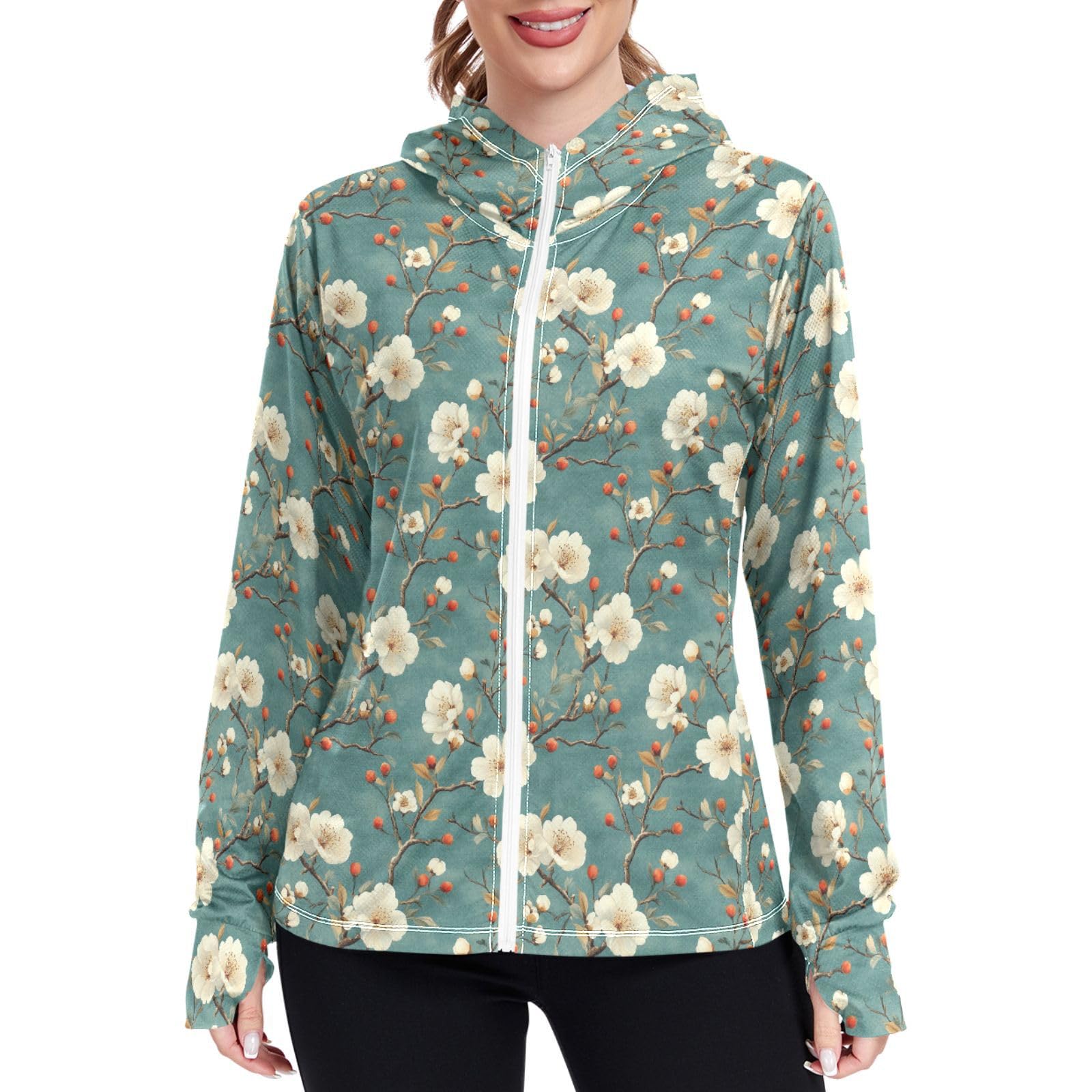 Womens Sun Protection Hoodie Jacket Lightweight Zip Up Jackets for Women UPF 50+ Clothing for Hiking Golf Cycling XL Vintage Florals