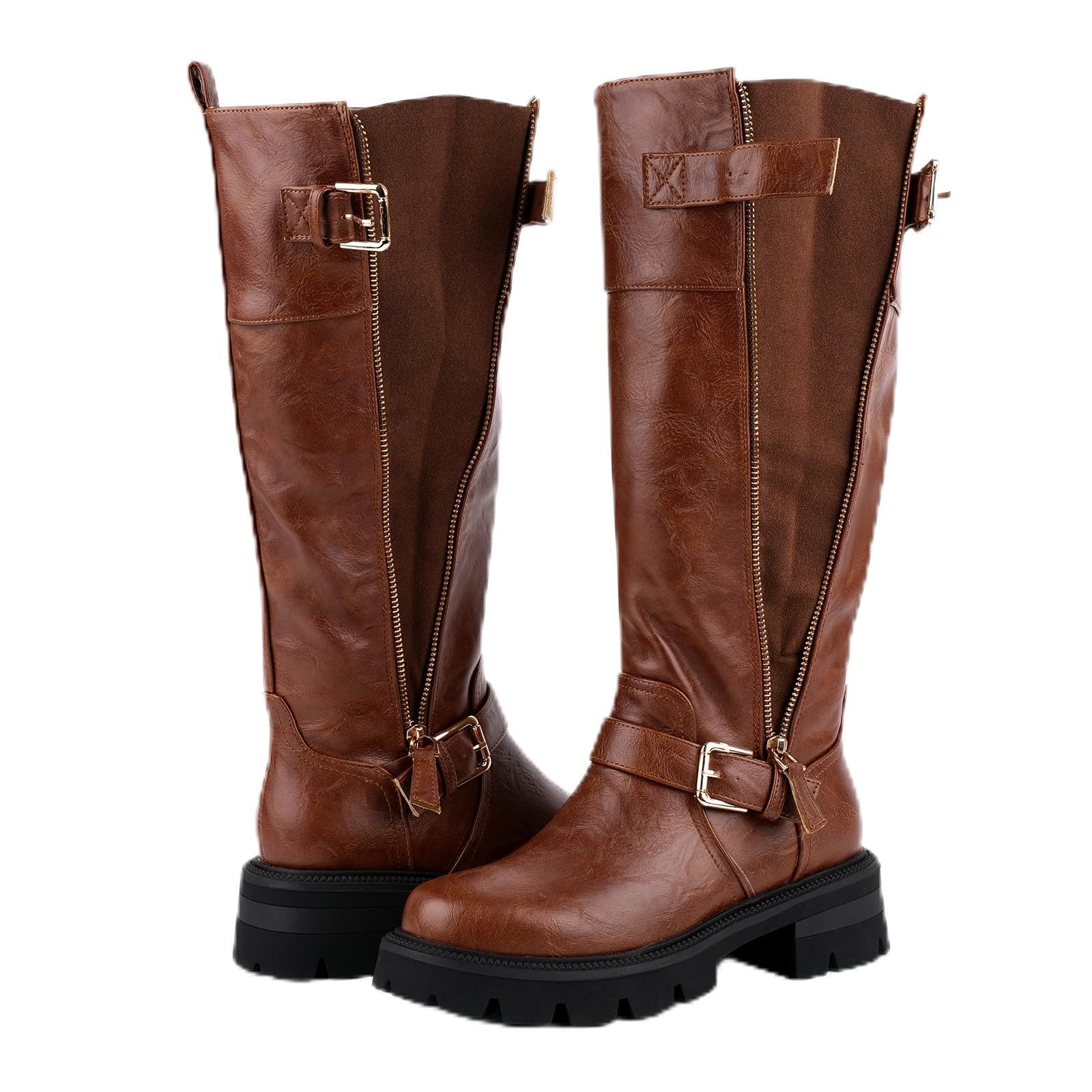 sexytag Womens Knee High Riding Boots with Zipper Platform Chunky Heel Motorcycle Boots with Buckle Straps Fall Winter