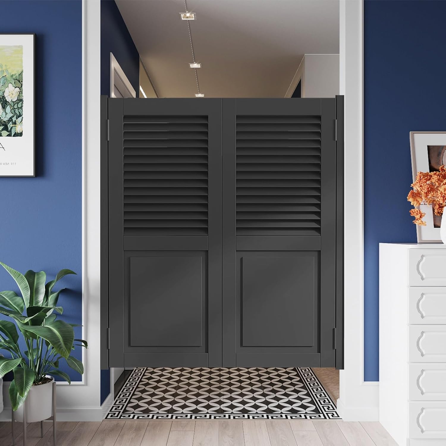 Saloon Doors Swinging Cowboy Style, Auto Close Commercial Swinging Doors Cafe Door, Interior Solid Wood Barn Door for Porch Entrance Counter Bar(Black,W70xH90cm/27.5" x35.4)
