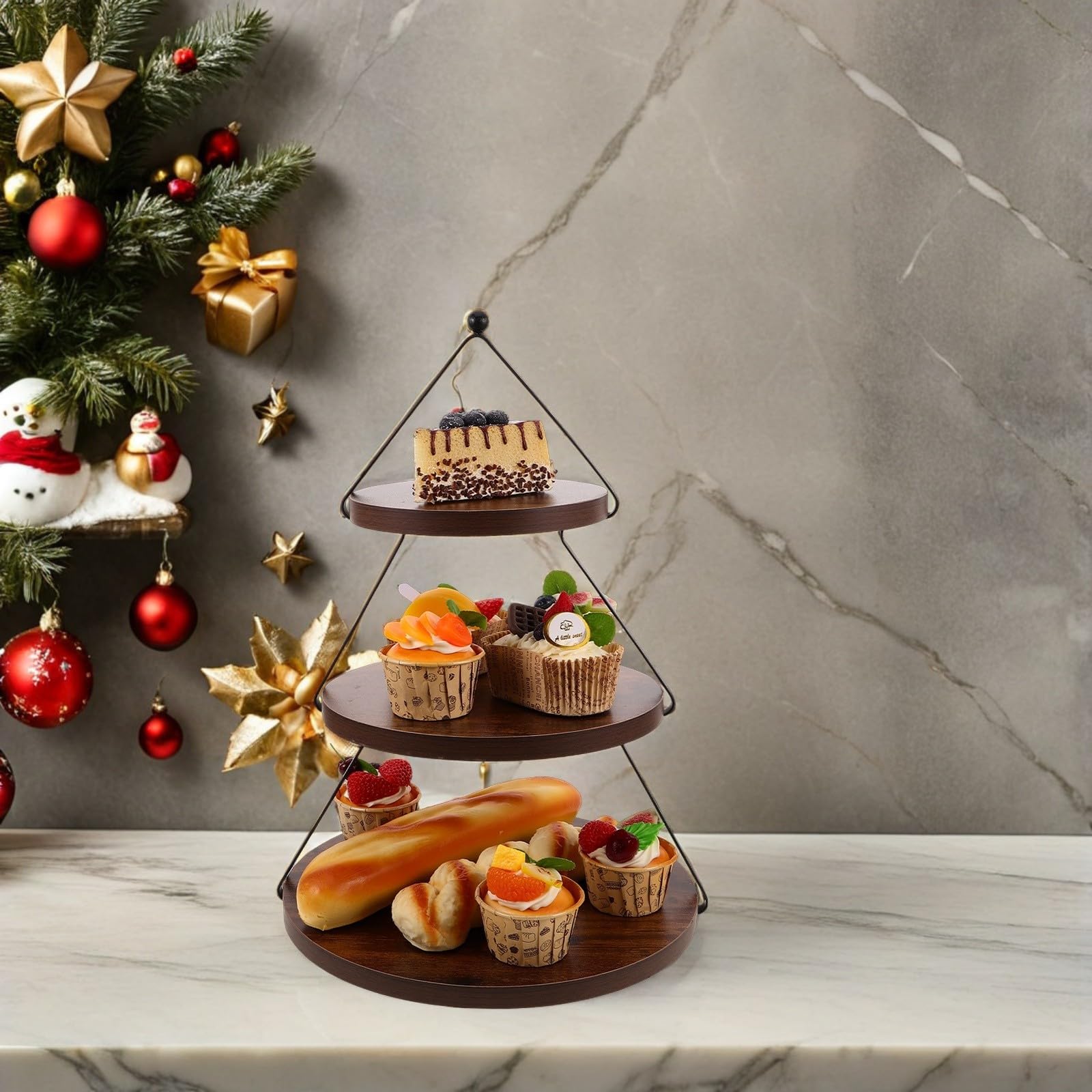 ULTECHNOVO Alzata per Torte a Tre Livelli in Legno e Ferro Struttura Stabile a Forma di Albero di Natale, Portatile e Rustica per Esposizione Dolci e Tè Pomeridiano