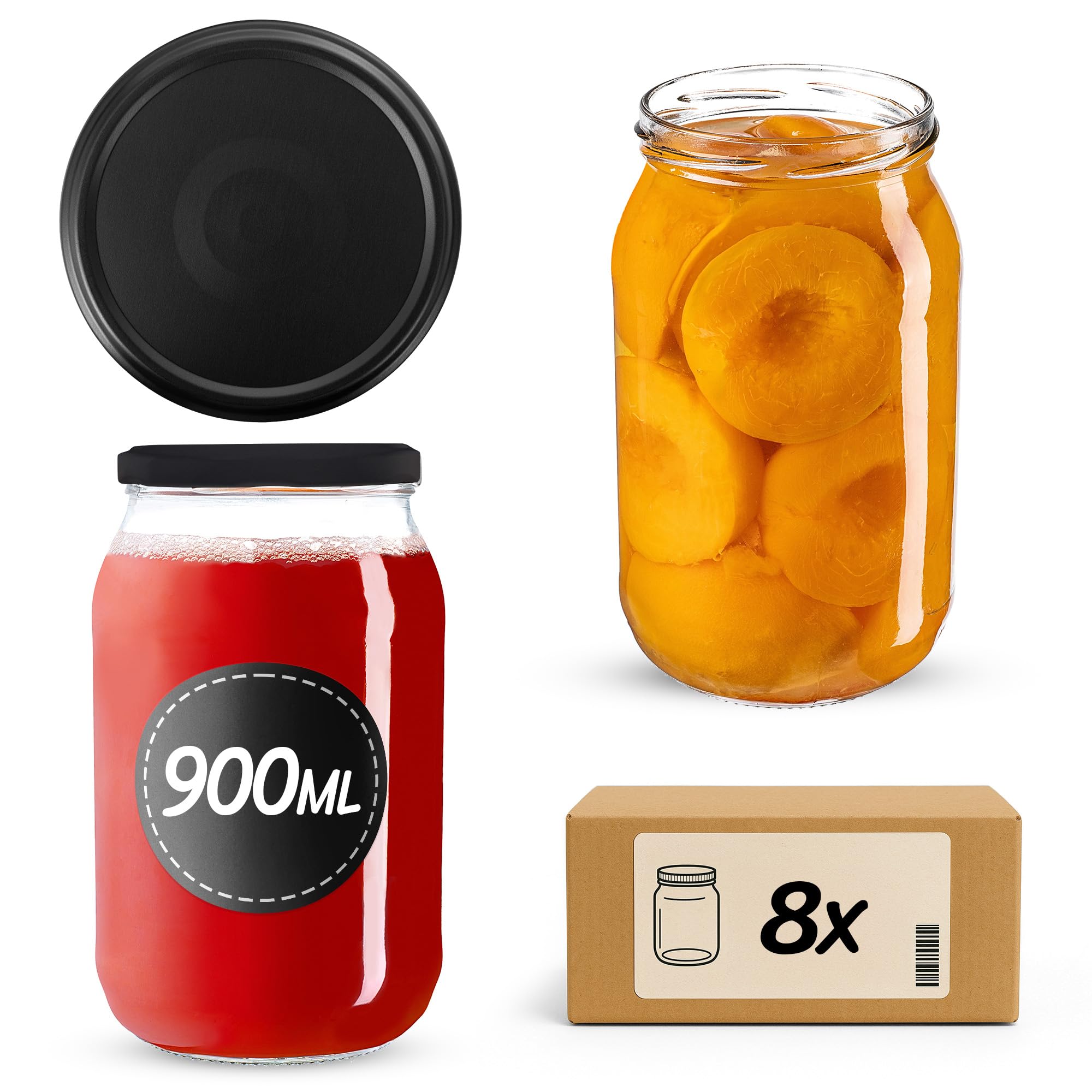 KADAX Set di 8 Grandi barattoli in Vetro 900ml Ø82 Nero Opaco – Tappo a Vite ermetico, per Conserve, sottaceti, Verdure lacto-fermentate e marmellate Fatte in casa