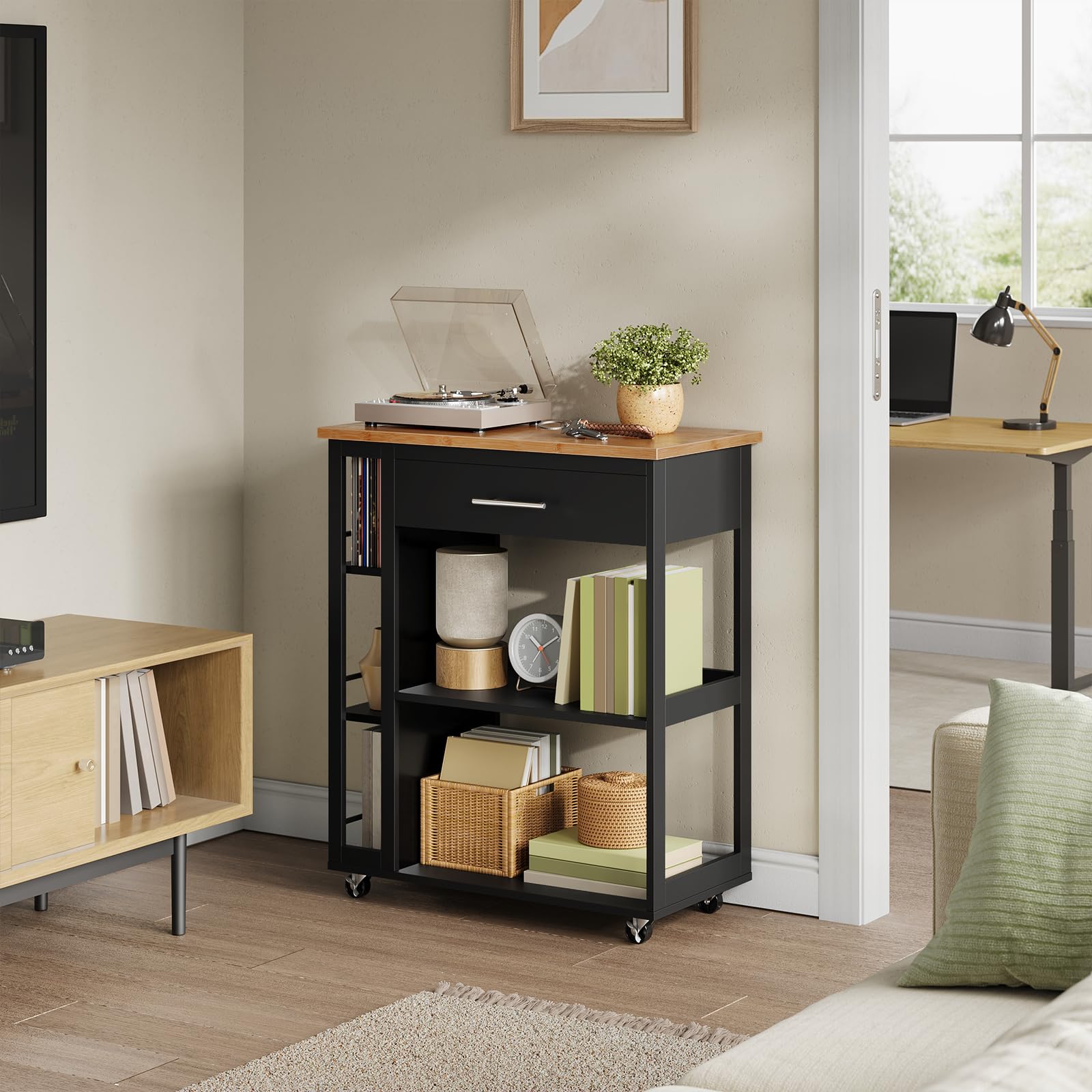 WOLTU Desserte à roulettes, Îlot de Cuisine, Chariot de Rangement avec Plan de Travail, Tiroir et Étagères Ouvertes, pour Salle à Manger/Salle de Bain, 73x38x88cm, Effet de Bambou + Noir, RW051sz