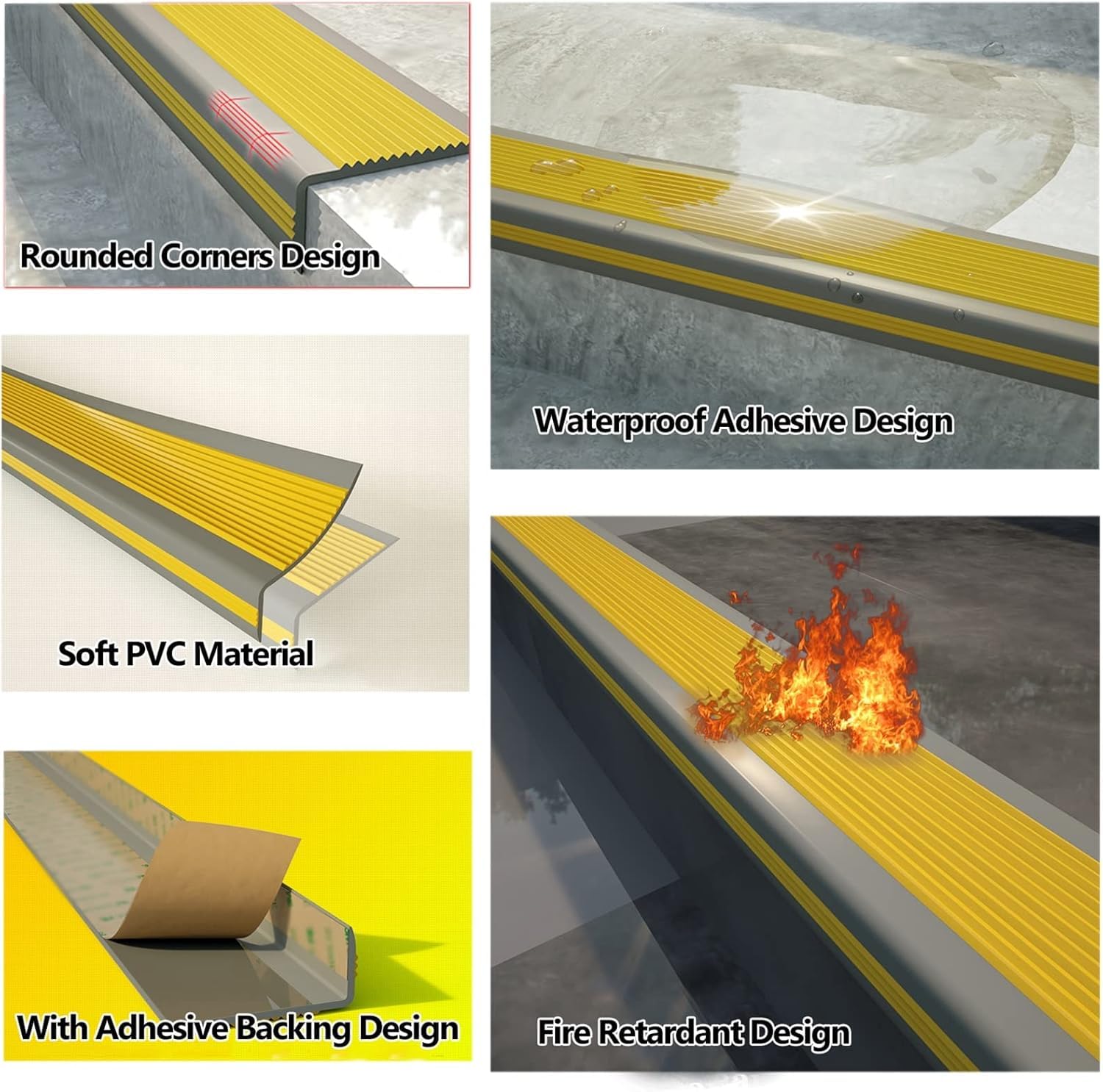 Alfombrilla autoadhesiva de PVC para escalera, peldaños de goma antideslizante, 2,5 x 6 cm, perfil de esquina gris, para seguridad, 12,7 m de longitud, ideal para el hogar y la oficina