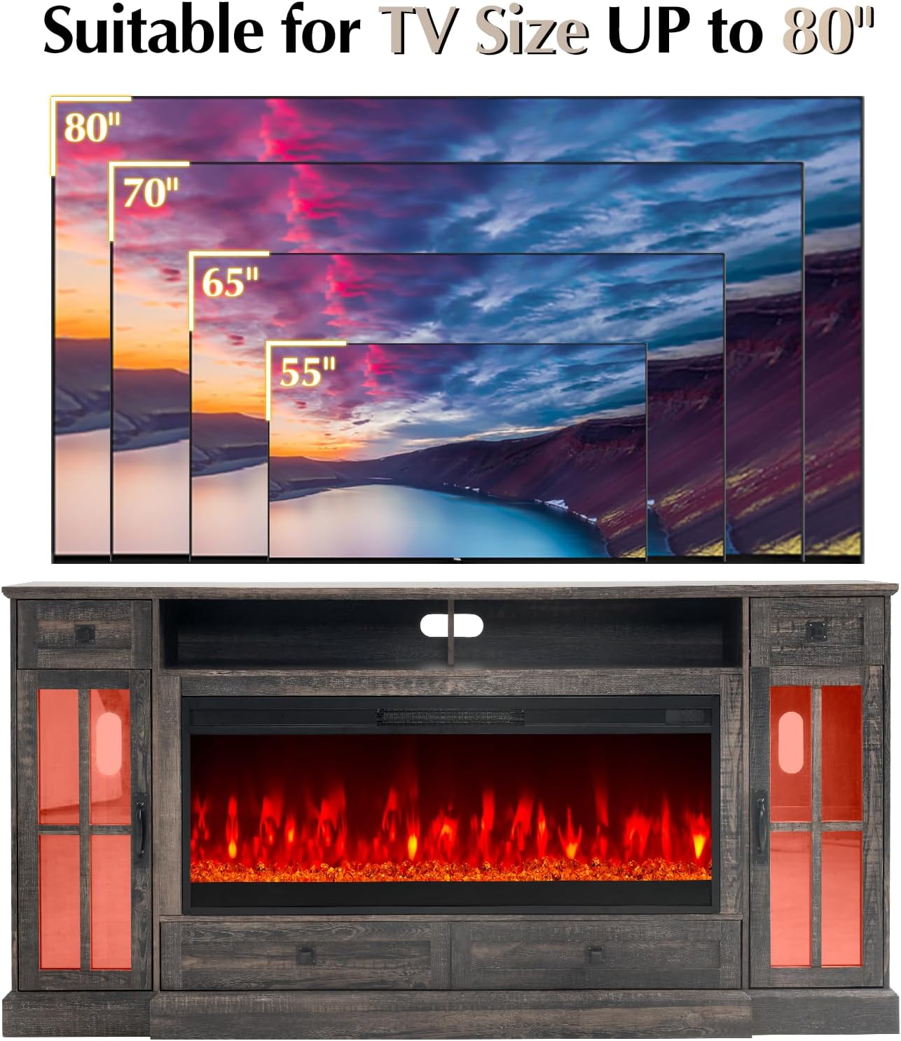 70" Farmhouse Fireplace TV Stand with 42" Large Fireplace, Bright Glass Doors with 7colors LED Lights, Entertainment Center with Storage Drawers & Cabinets for TVs up to 80", Dark Oak Wood