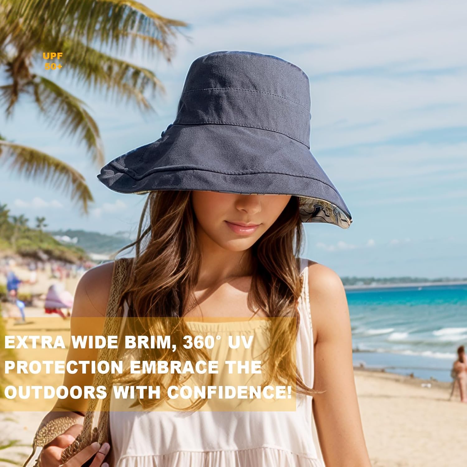 Women's Wide Brim Sun Hats UV Protection - Reversible Bucket Hat Foldable Beach Hat with Chin Strap Summer Hat for Travel - Image 2