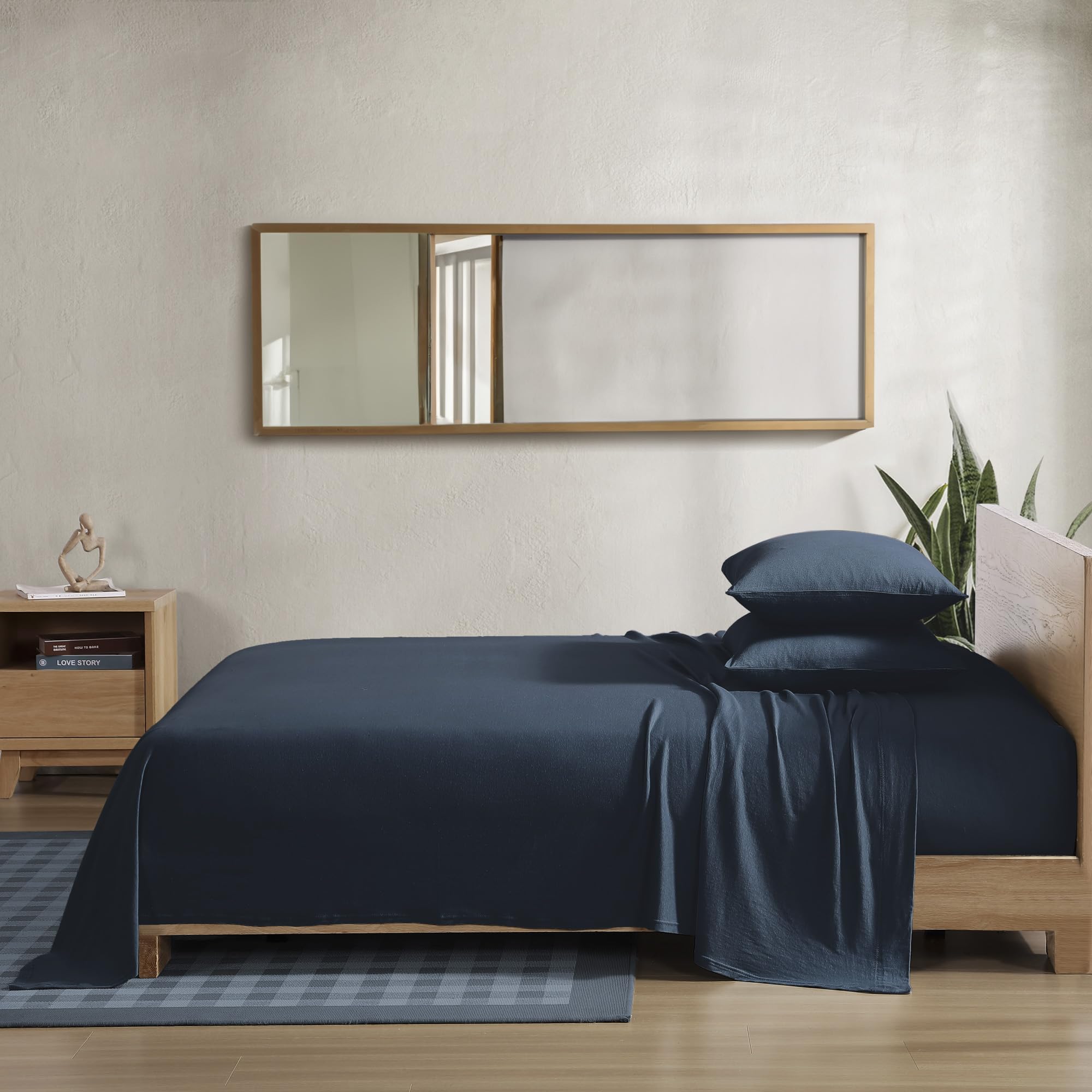 Brielle Home Jersey Knit Cotton Sheet Set - Breathable, Soft, T-Shirt Fabric - Navy, Cal King