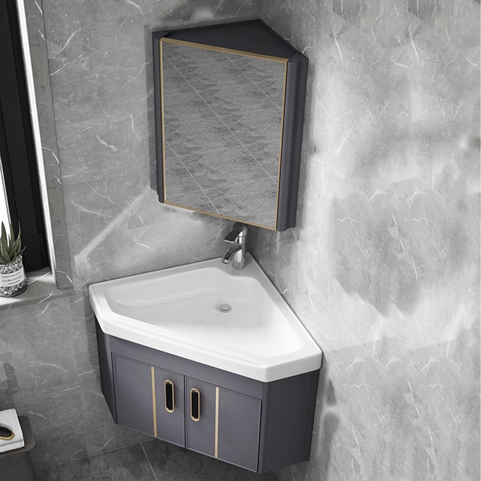 Armario de baño esquinero con espejo, tocador de pared con fregadero, grifo de calor y frío, ideal para baños pequeños, azul, 38 cm, gris, 48 cm