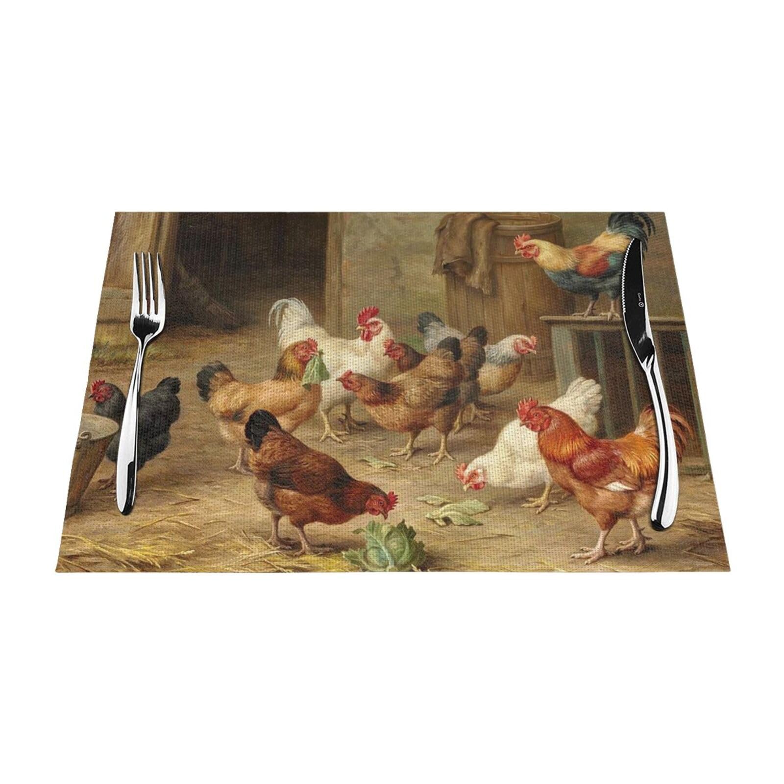 PVC Placemat Set of 4 PCS, 45x30 CM, Farm Chickens Printed Non-Slip Heat Resistant Place Mats for Kitchen Dining Table Indoor Outdoor