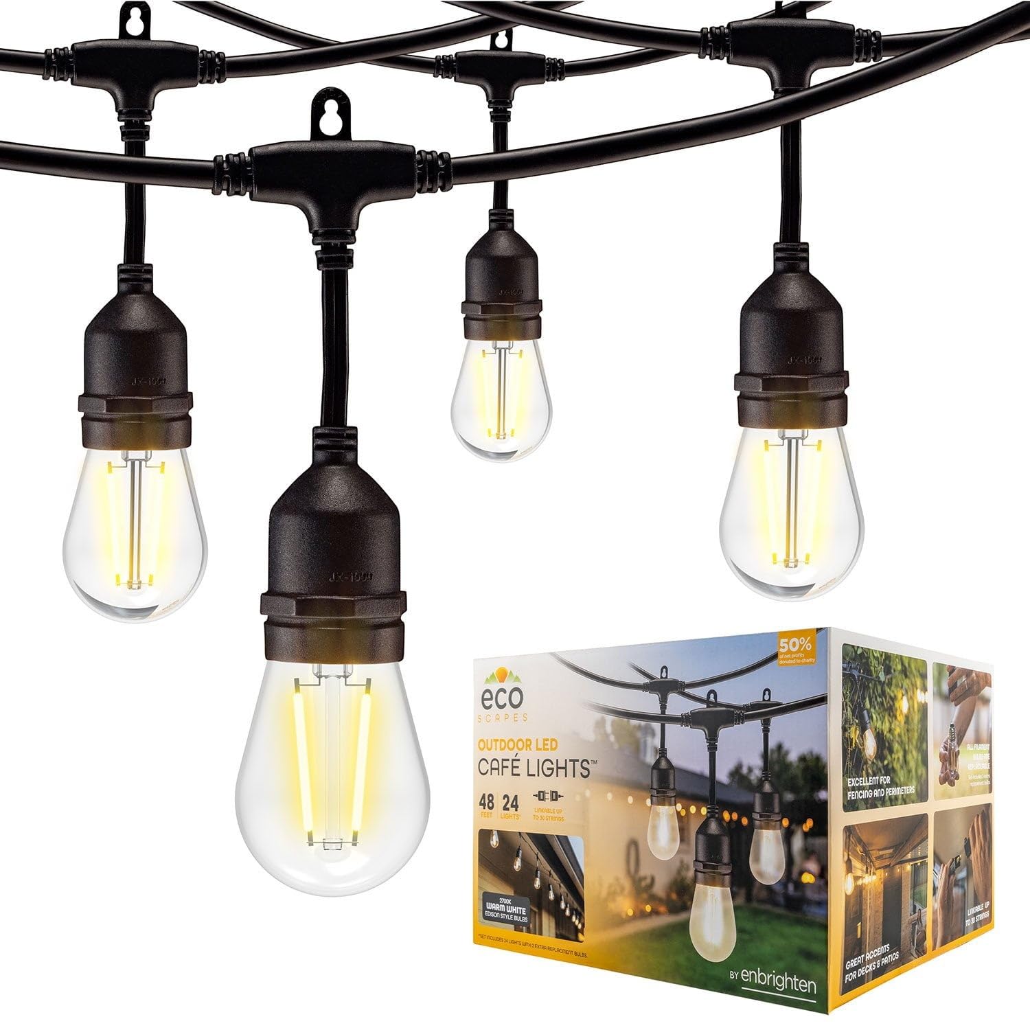 48' Outdoor LED Café String Lights, 24 Bulbs